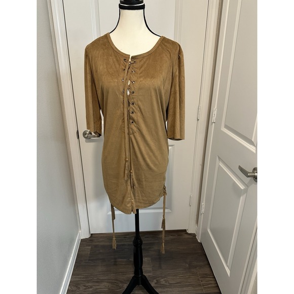 P.O.L Faux Suede Lace-Up Tunic‎ Top L Brown Boho Tassel Tie Ruched Dress ELD07 - Picture 1 of 6